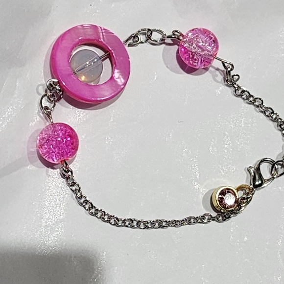 Hand Crafted Jewelry - Pink Beaded Bracelet with Silver Chain